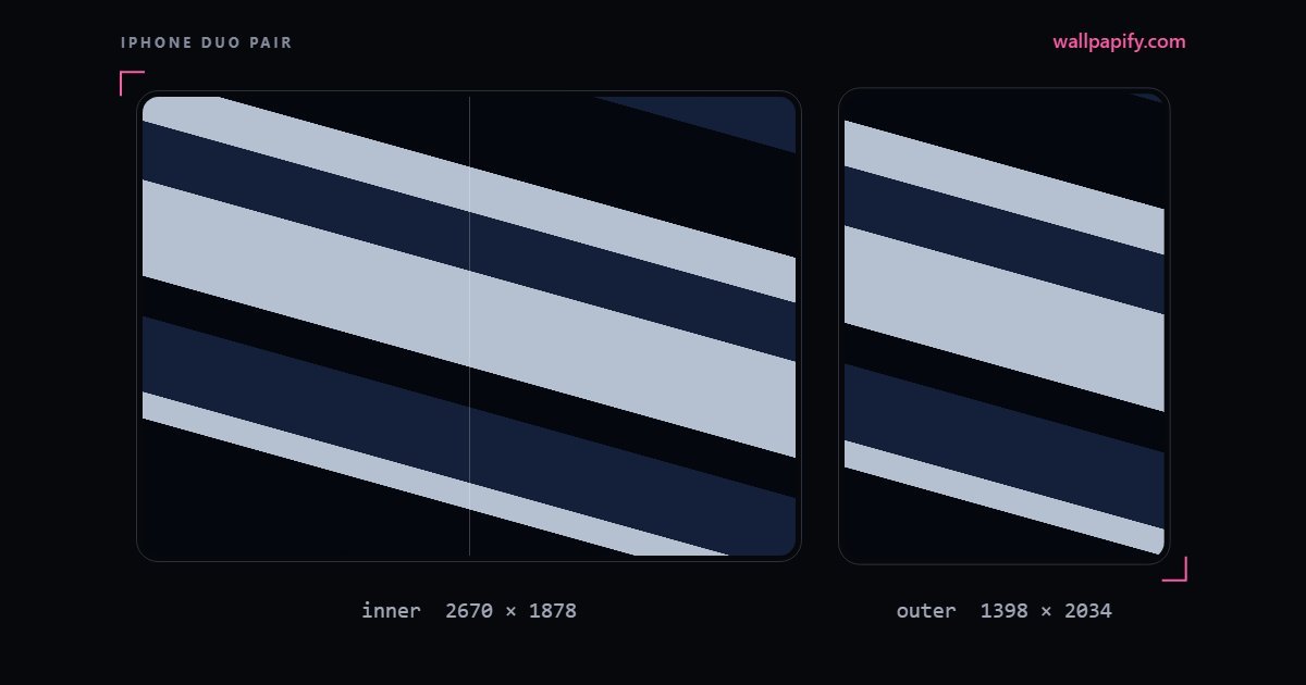Diagonal midnight and steel bands running across both iPhone Duo displays